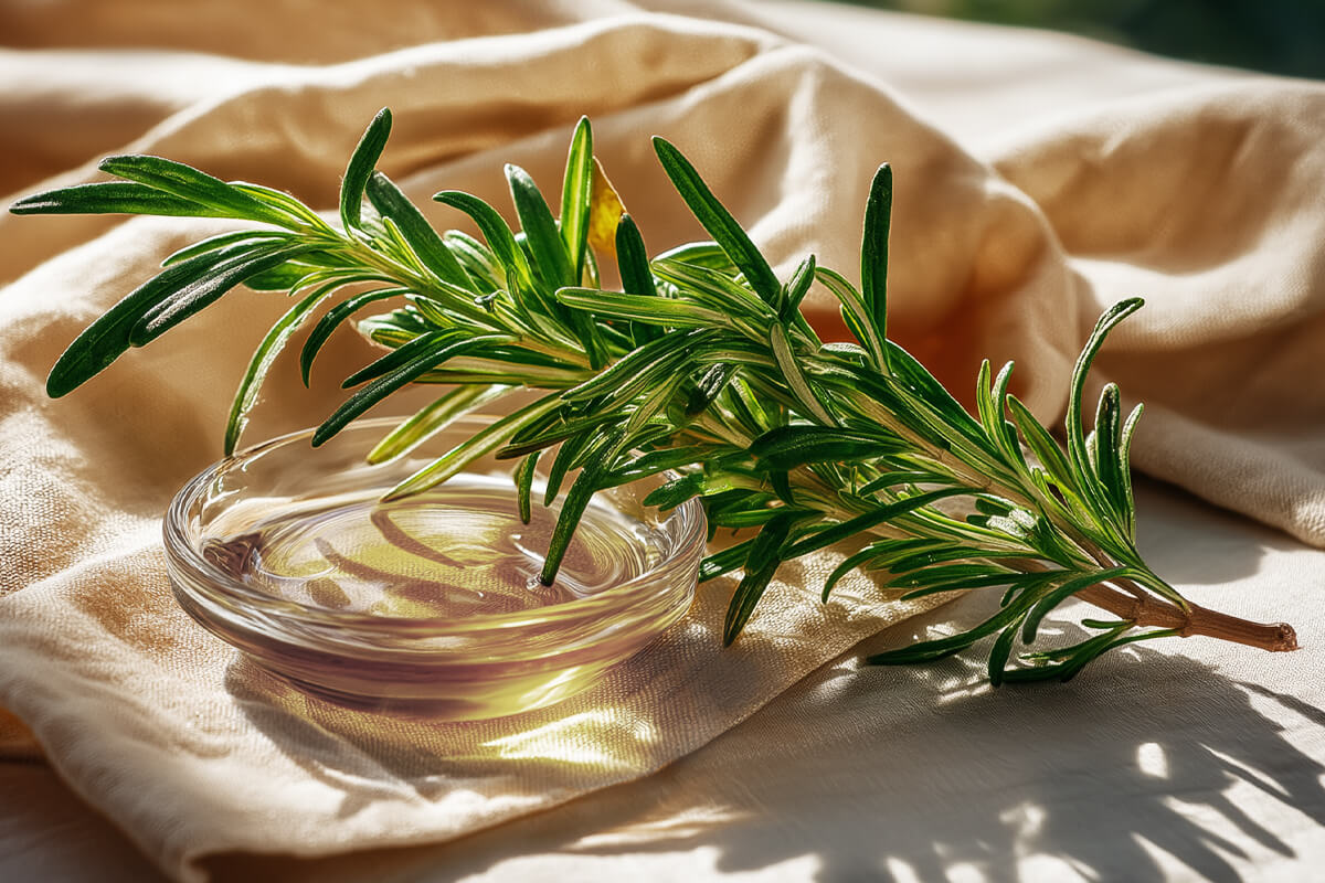 Frischer Rosmarinzweig neben einer Glasschale mit klarem Öl, Zutat für das Wellrelaxx Rosmarin+ Haaröl zur Pflege der Kopfhaut.