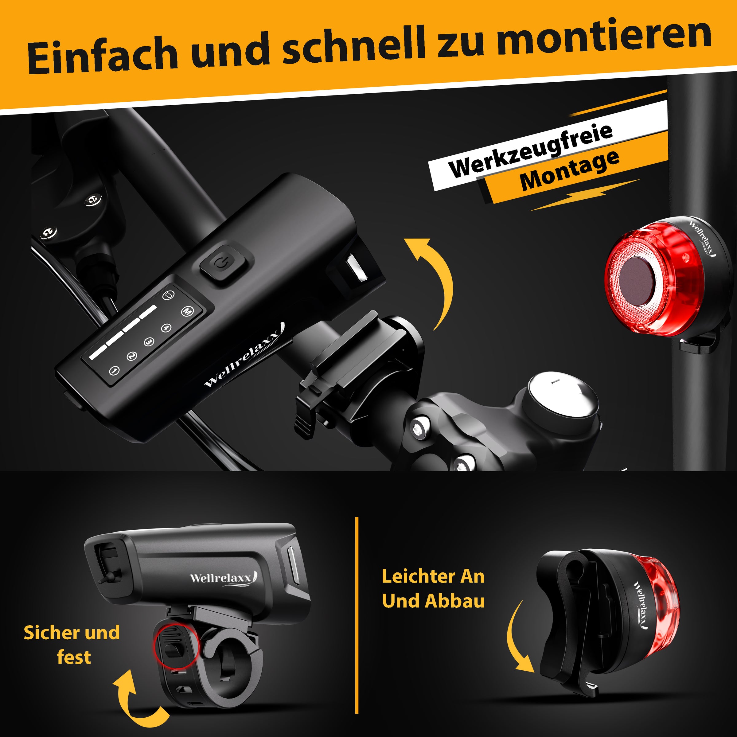 Fahrradlampen-Set mit Bremslicht & Lichtsensor – StVZO-zugelassen & wetterfest