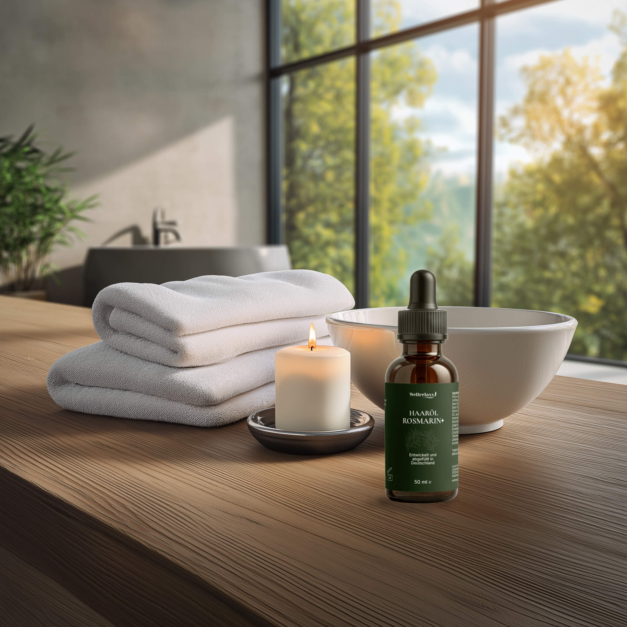 Das Wellrelaxx Haaröl auf einem Handtuchstapel im Badezimmer, für eine natürliche und stärkende Haarpflege-Routine.