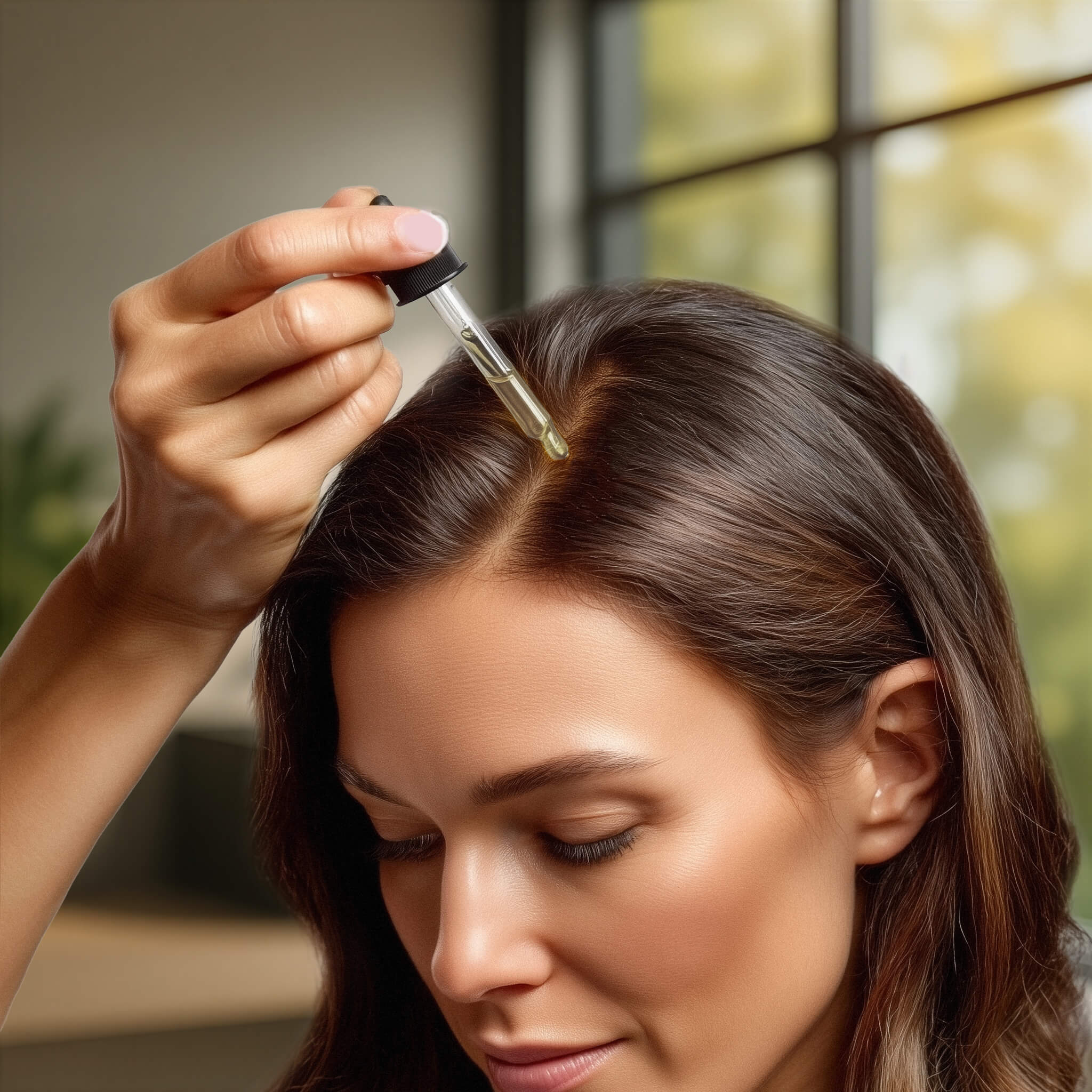 Anwendung des Wellrelaxx Rosmarin Haaröls mit der Pipette direkt auf die Kopfhaut zur gezielten Nährung der Haarwurzeln.