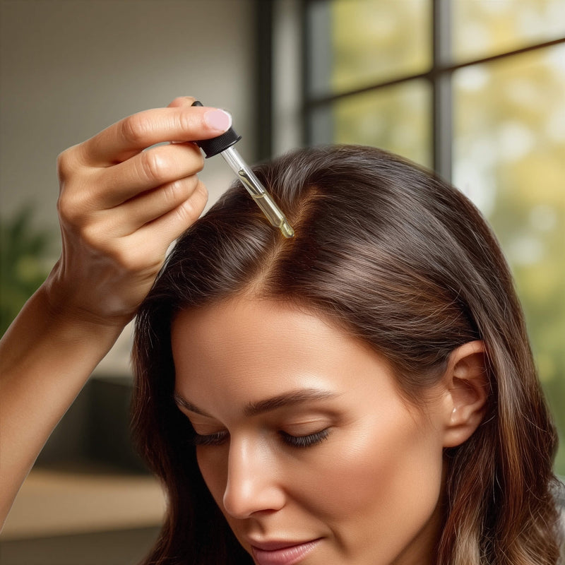 Anwendung des Wellrelaxx Rosmarin Haaröls mit der Pipette direkt auf die Kopfhaut zur gezielten Nährung der Haarwurzeln.